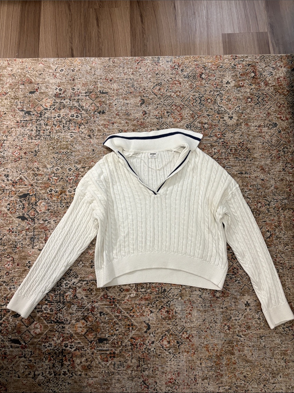 Cotton On Cream Cable-Knit V-Neck Sweater with Navy Trim